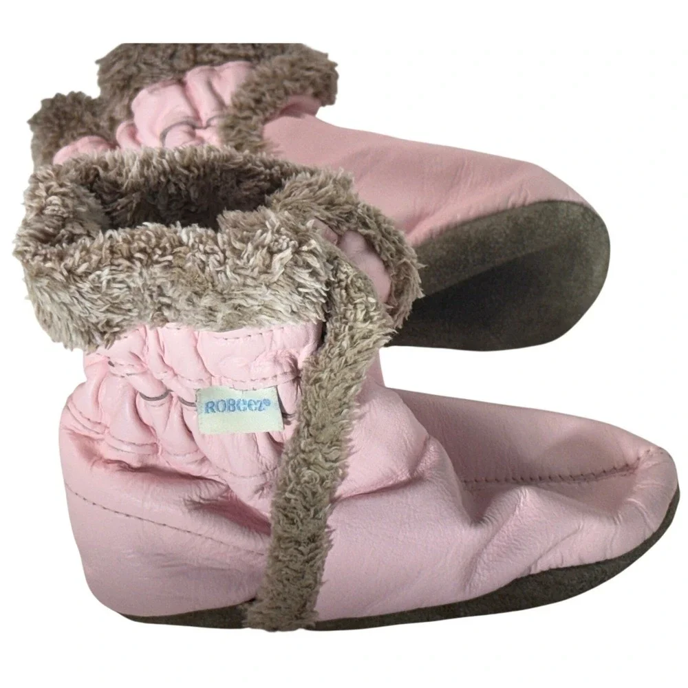 Robeez Pink Leather Faux Fur Trim Booties Soft Sole Baby Shoes 18-24 Months